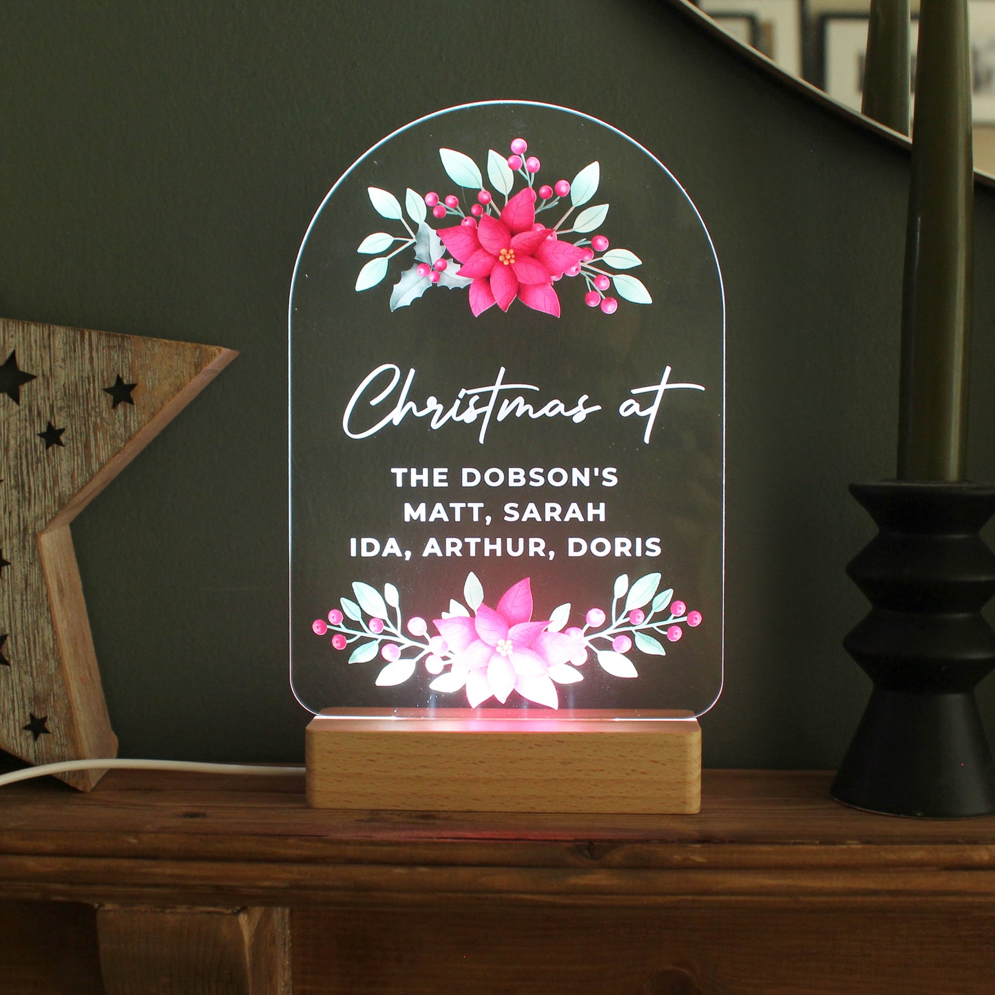 Personalised Christmas Poinsettia Wooden Based LED Light from Heartfelt Gifts
