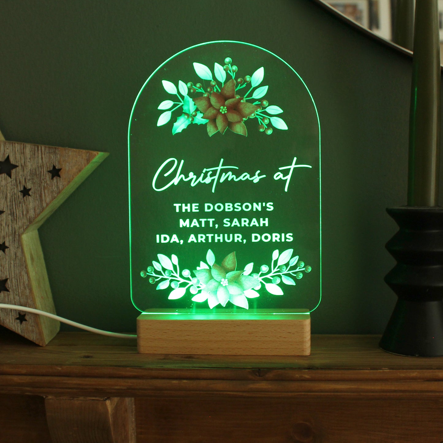 Personalised Christmas Poinsettia Wooden Based LED Light - image 12