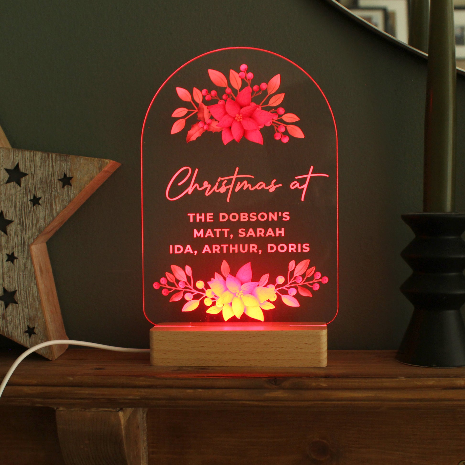 Personalised Christmas Poinsettia Wooden Based LED Light - image 13
