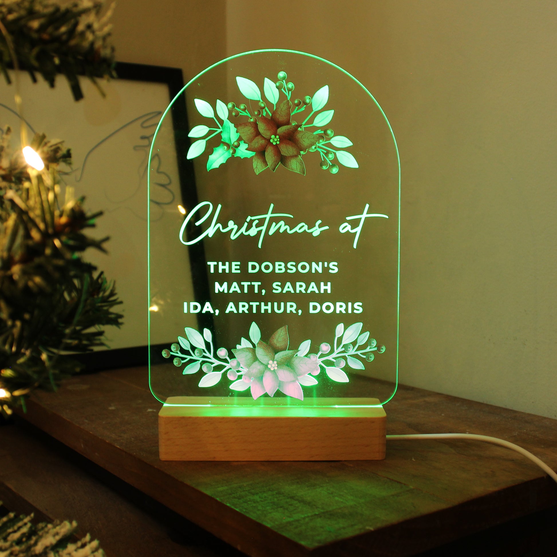 Personalised Christmas Poinsettia Wooden Based LED Light - image 4