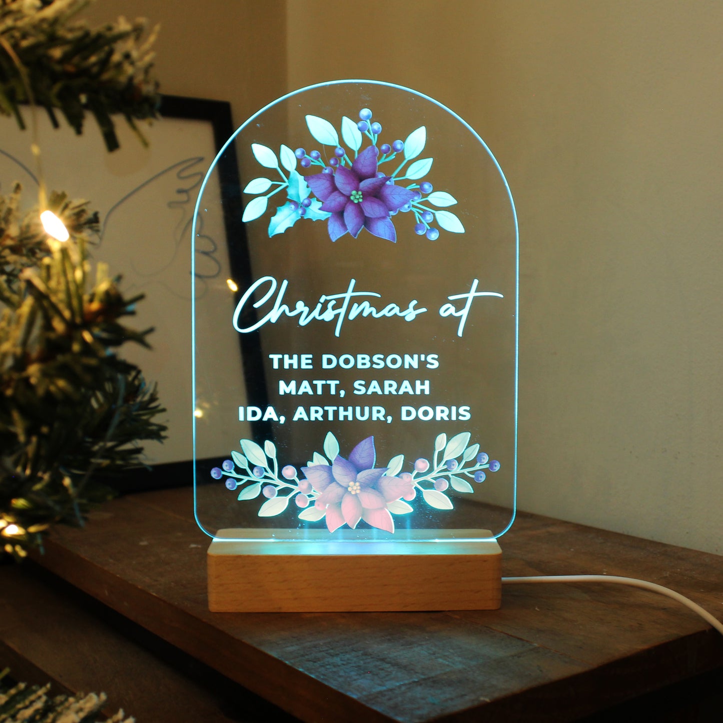 Personalised Christmas Poinsettia Wooden Based LED Light - image 6