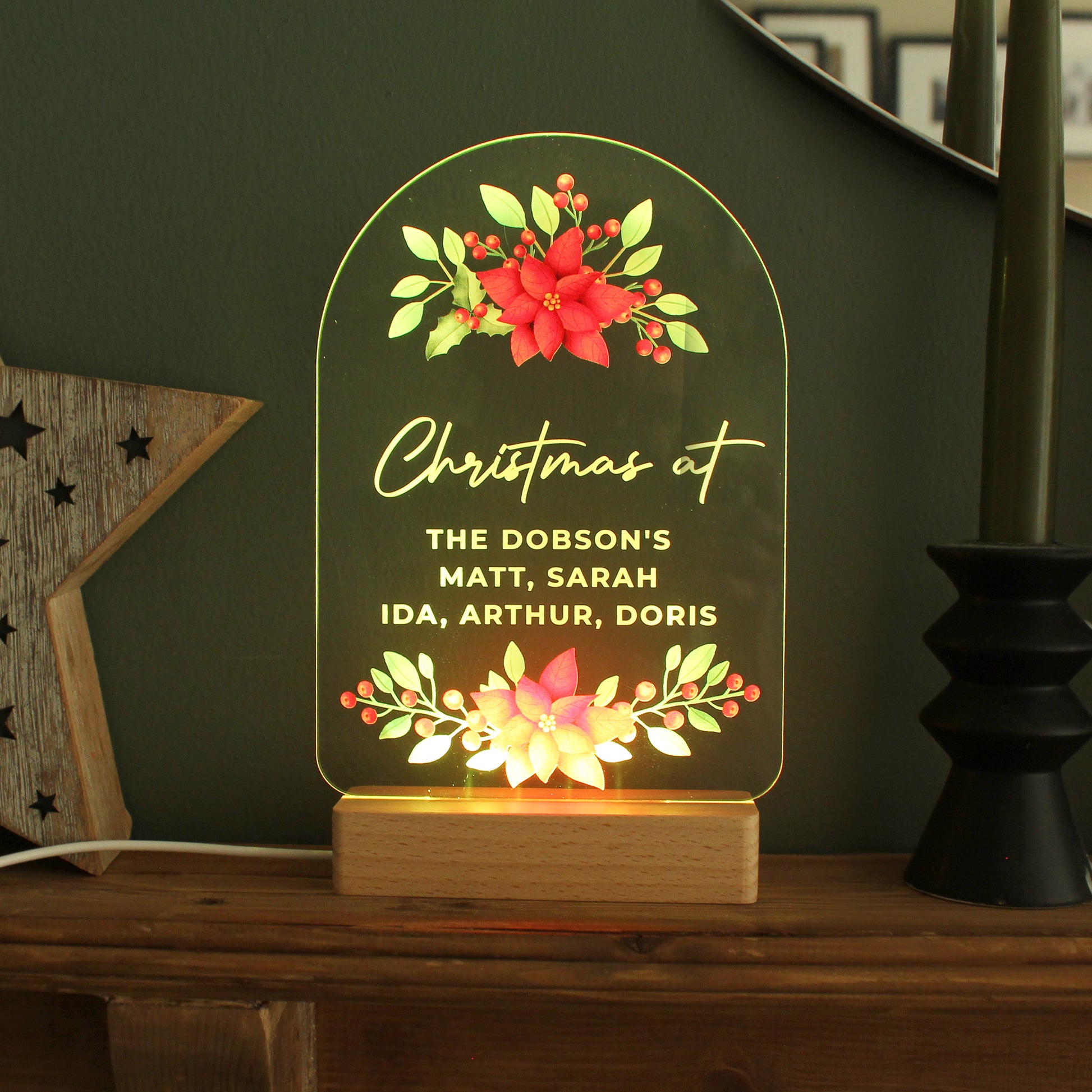 Personalised Christmas Poinsettia Wooden Based LED Light - image 7