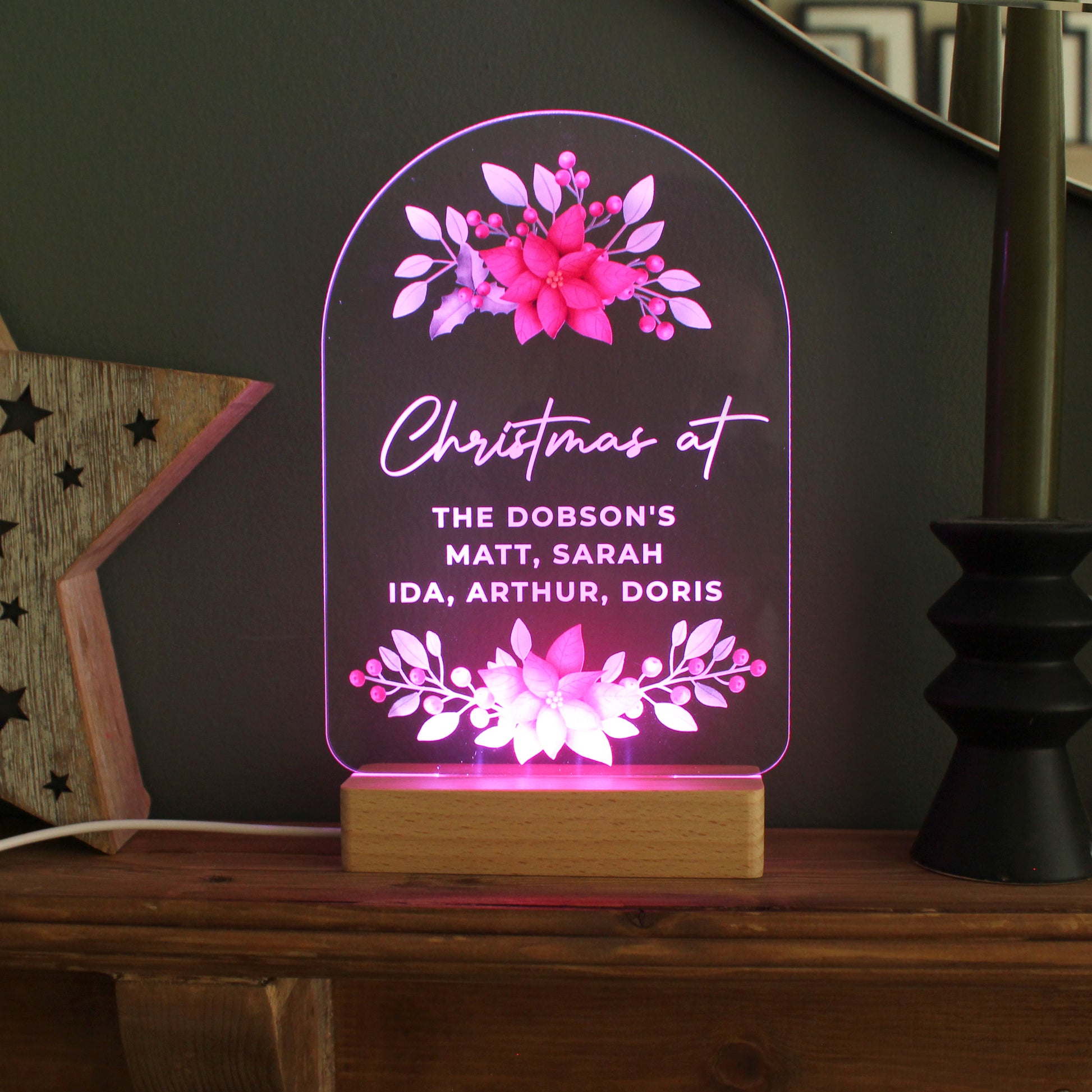 Personalised Christmas Poinsettia Wooden Based LED Light - image 10