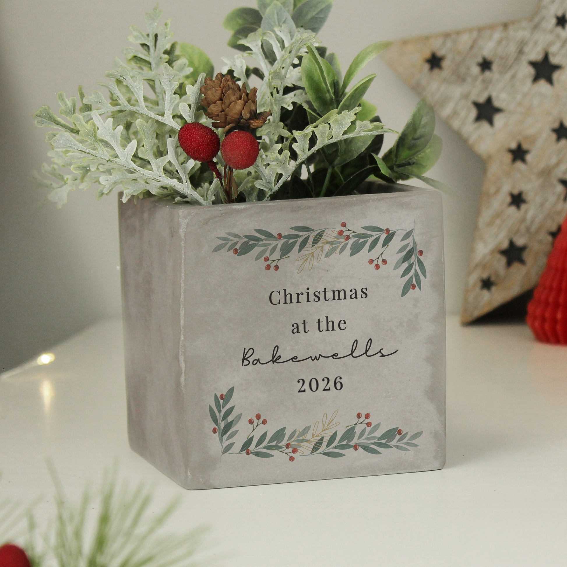 Personalised Christmas Foliage Concrete Planter from Heartfelt Gifts