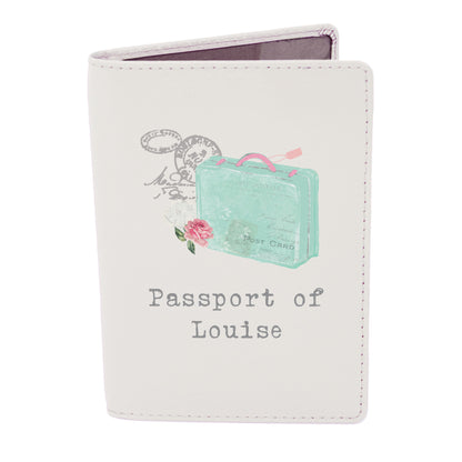 Close-up of custom message on vintage pastel passport holder