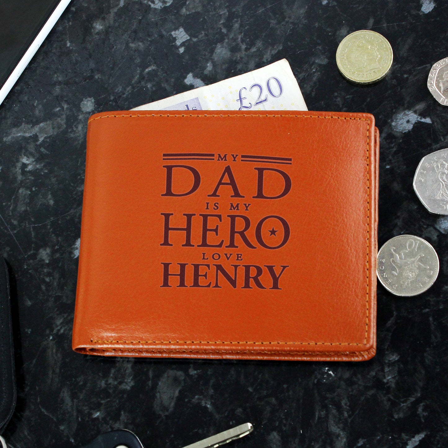 Personalised My Dad is My Hero Tan Leather Wallet - image 2
