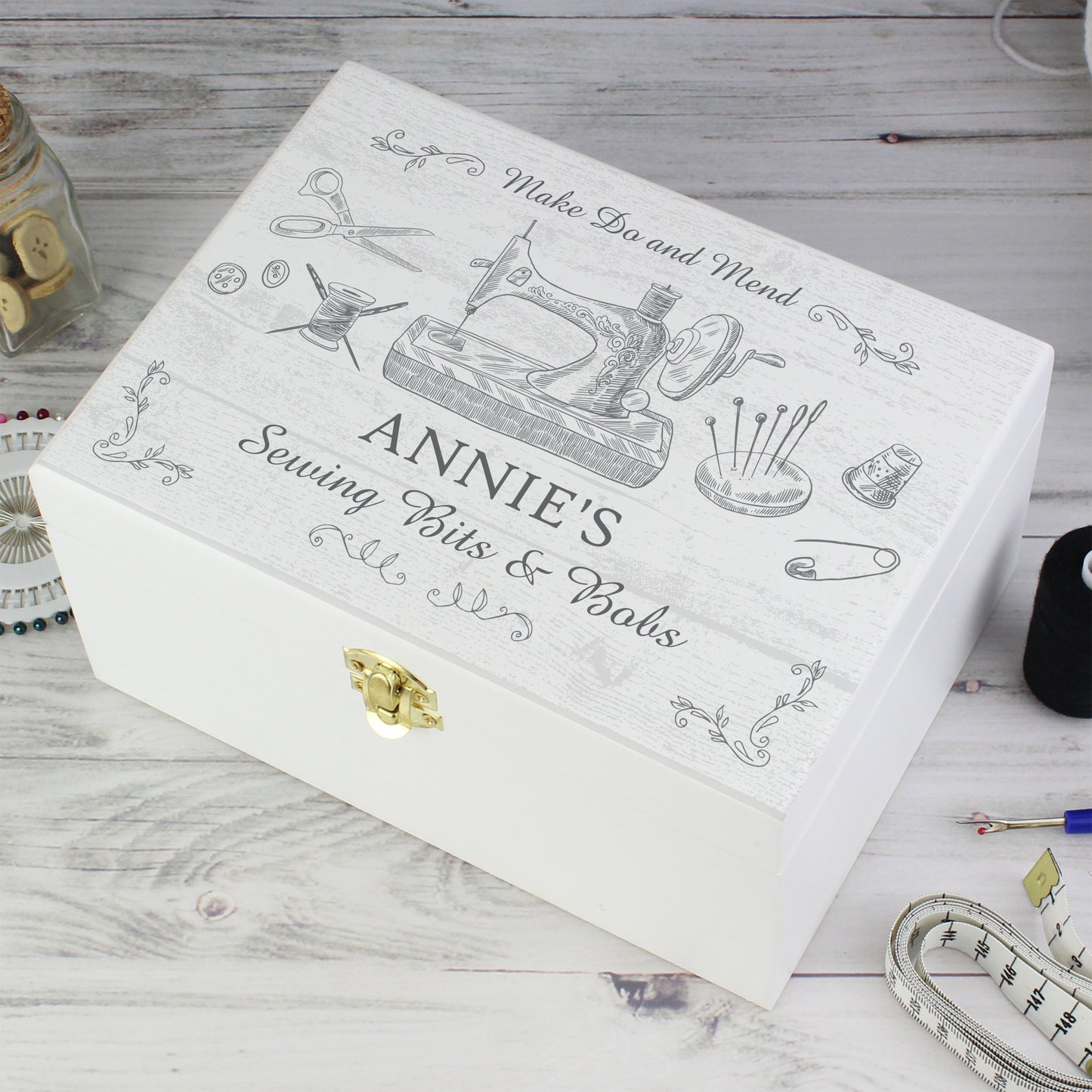 Personalised Sewing Kit White Wooden Keepsake Box from Heartfelt Gifts