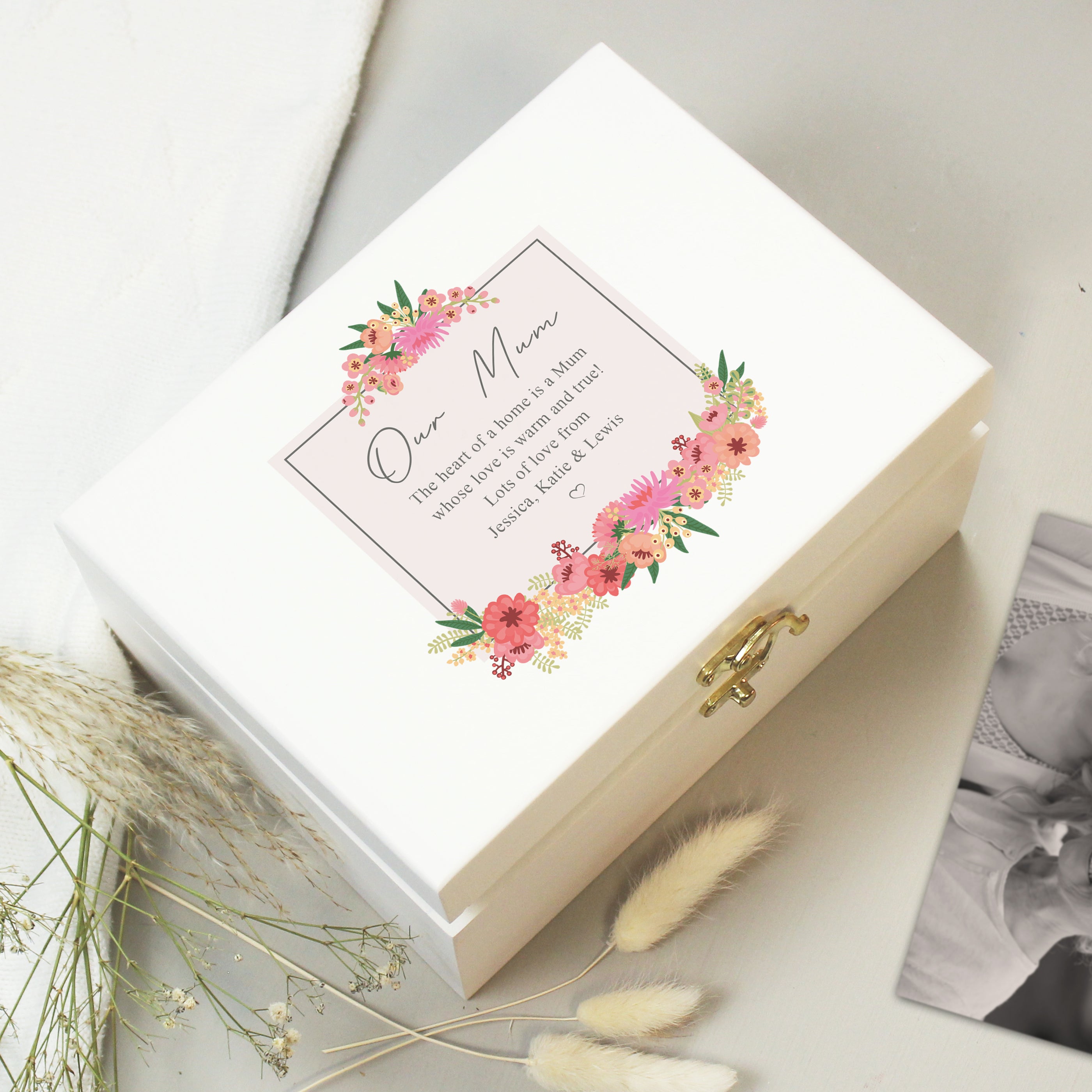 Personalised Floral Wishes White Wooden Keepsake Box from Heartfelt Gifts