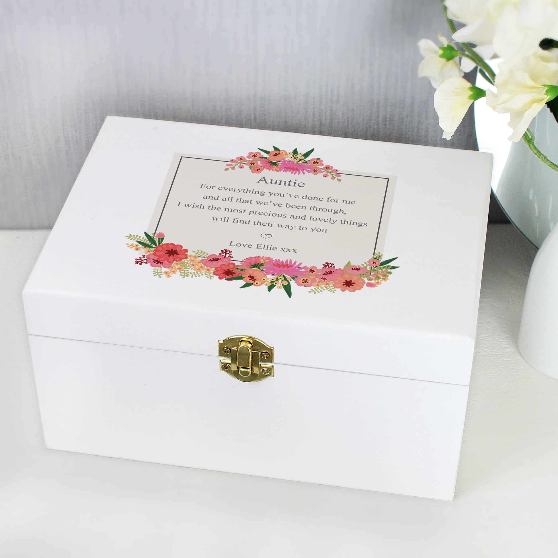 Personalised Floral Wishes White Wooden Keepsake Box - image 7