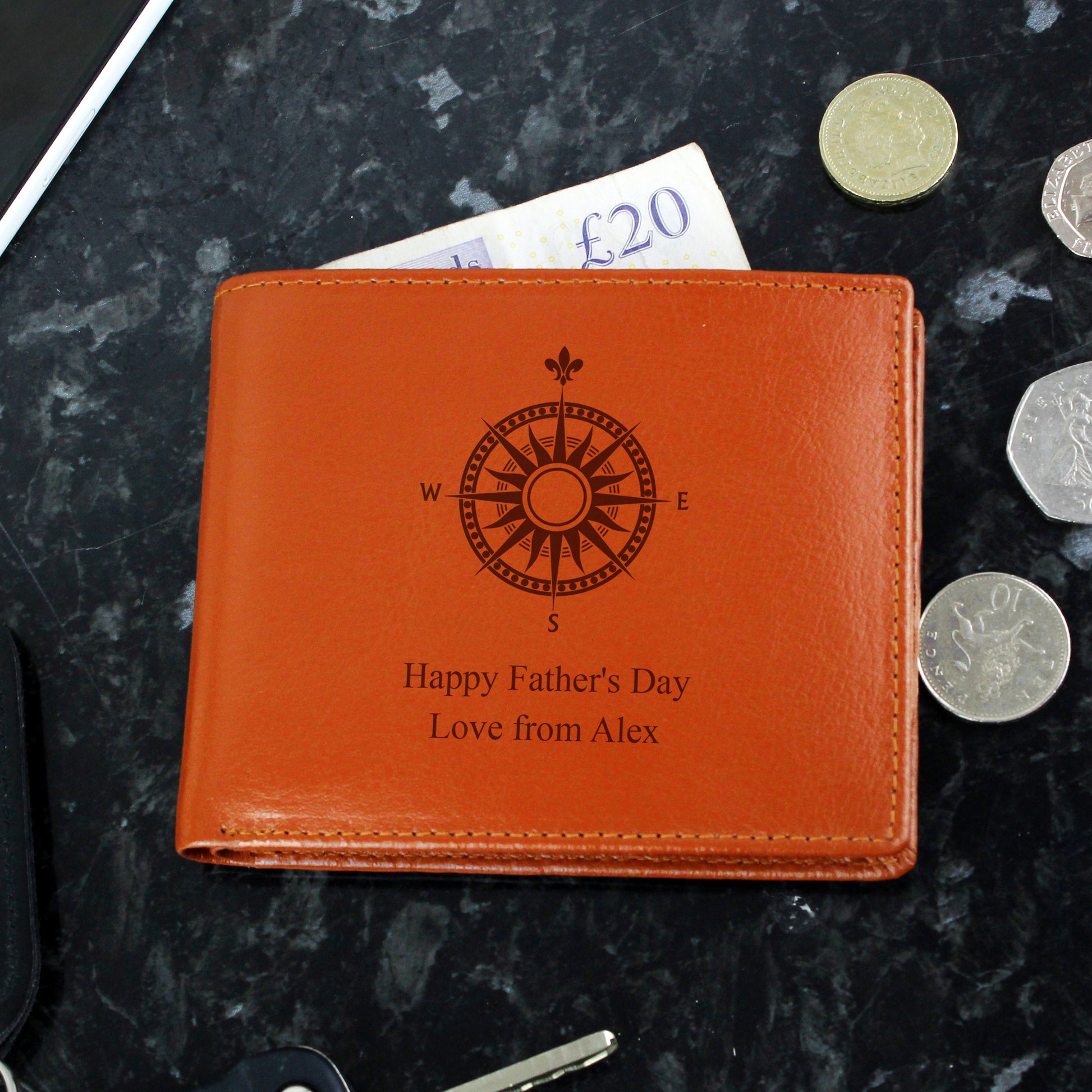 Personalised Compass Tan Leather Wallet - image 3
