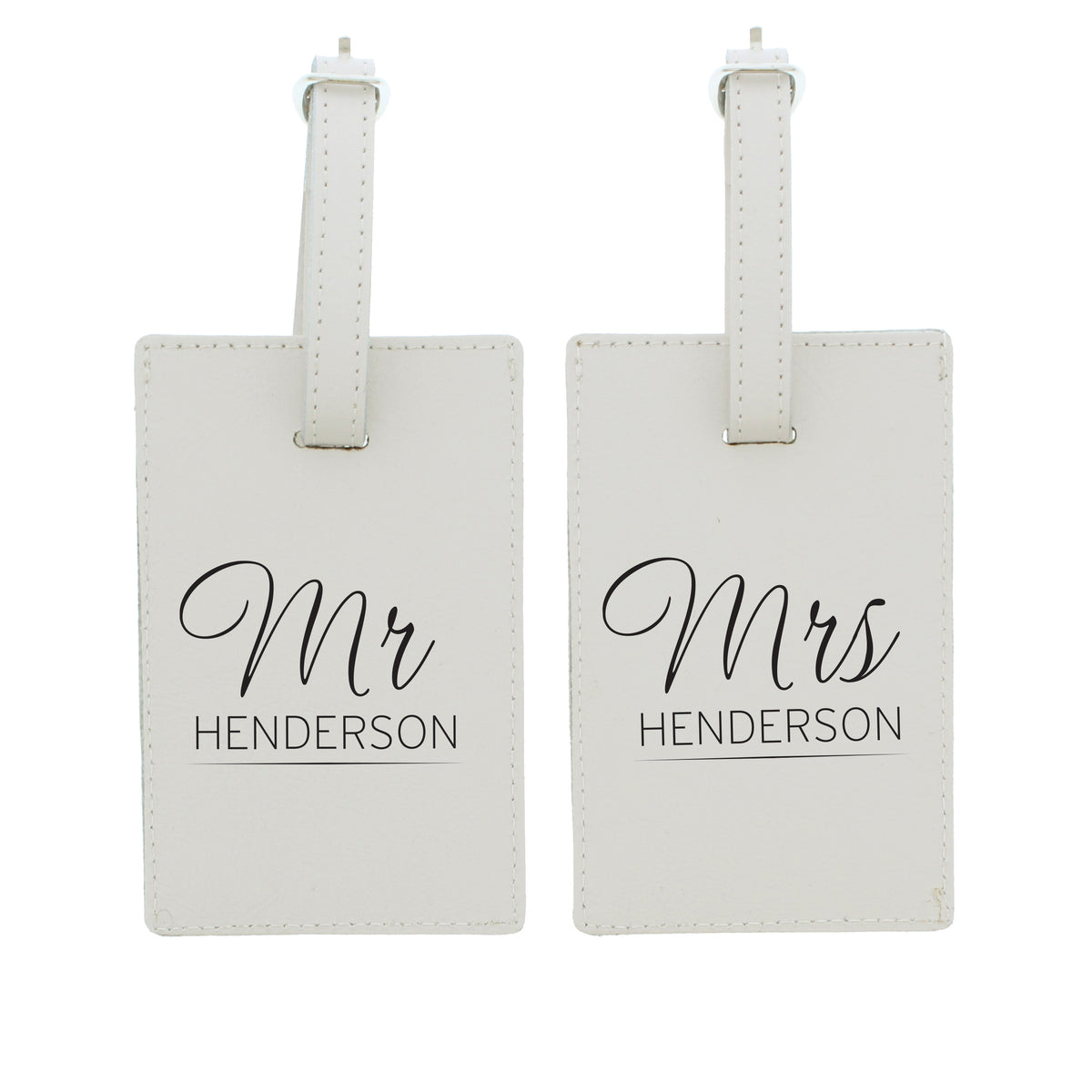 Personalised couples luggage tags showing titles and surnames