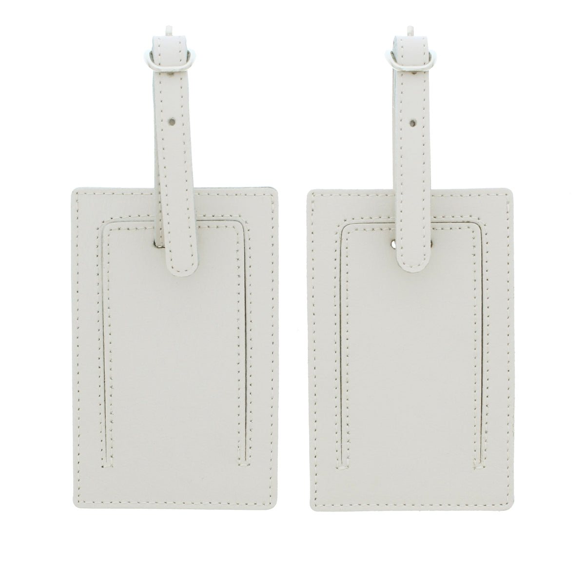 Matching cream luggage tags with secure buckle fastenings