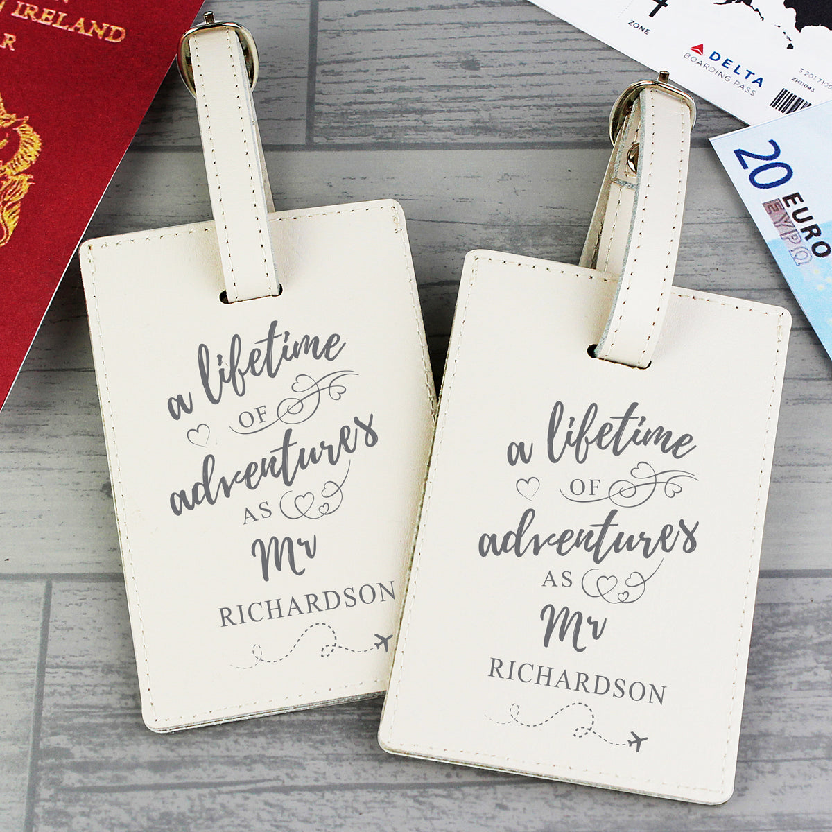 Personalised couples luggage tags presented as a wedding or honeymoon gift