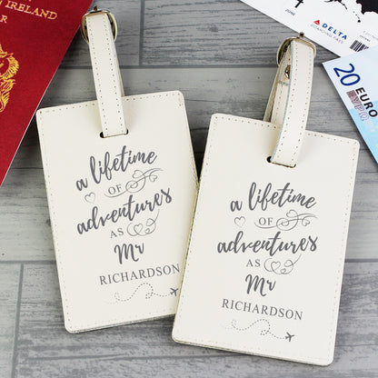 Personalised couples luggage tags presented as a wedding or honeymoon gift
