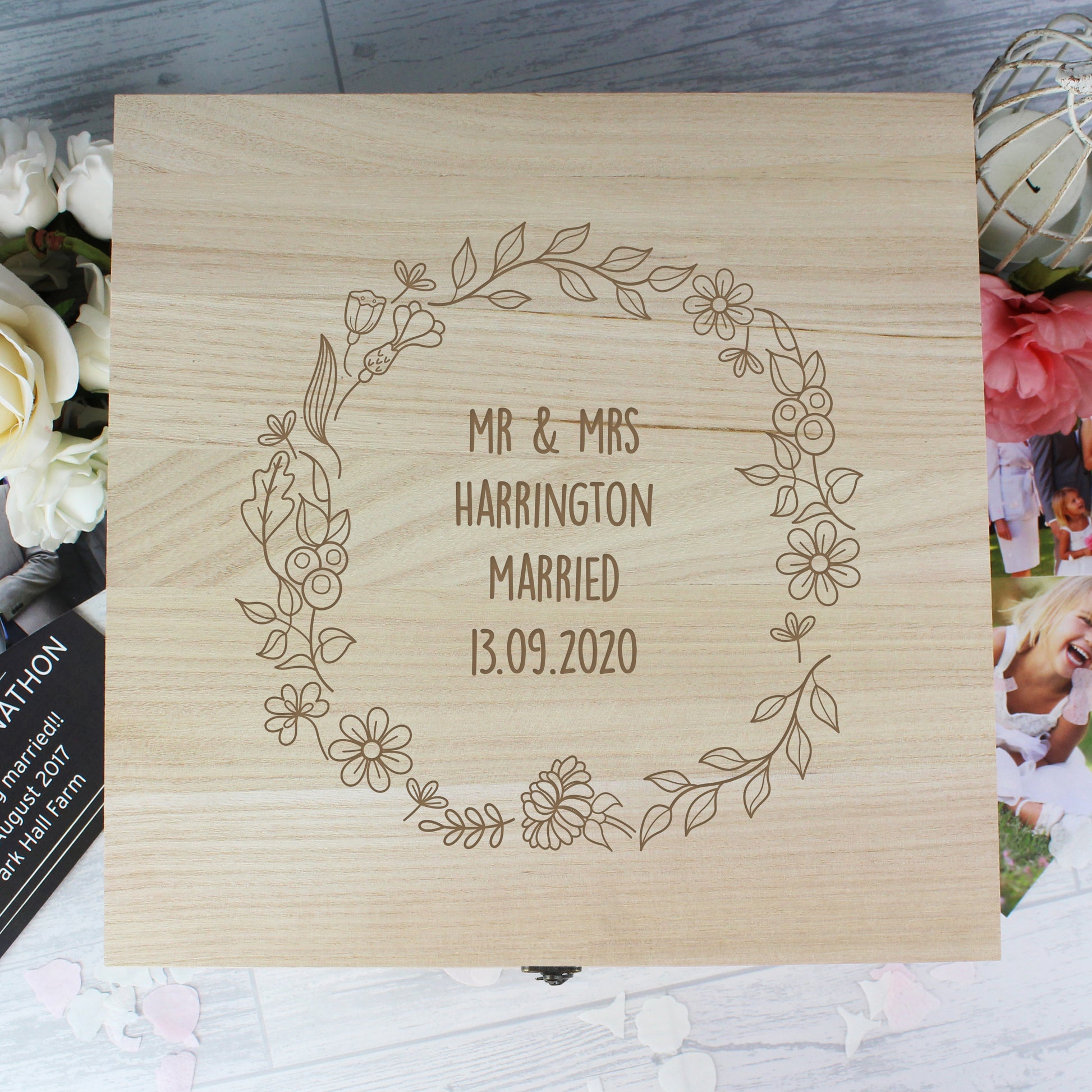 Personalised Floral Wreath Large Wooden Keepsake Box - image 5