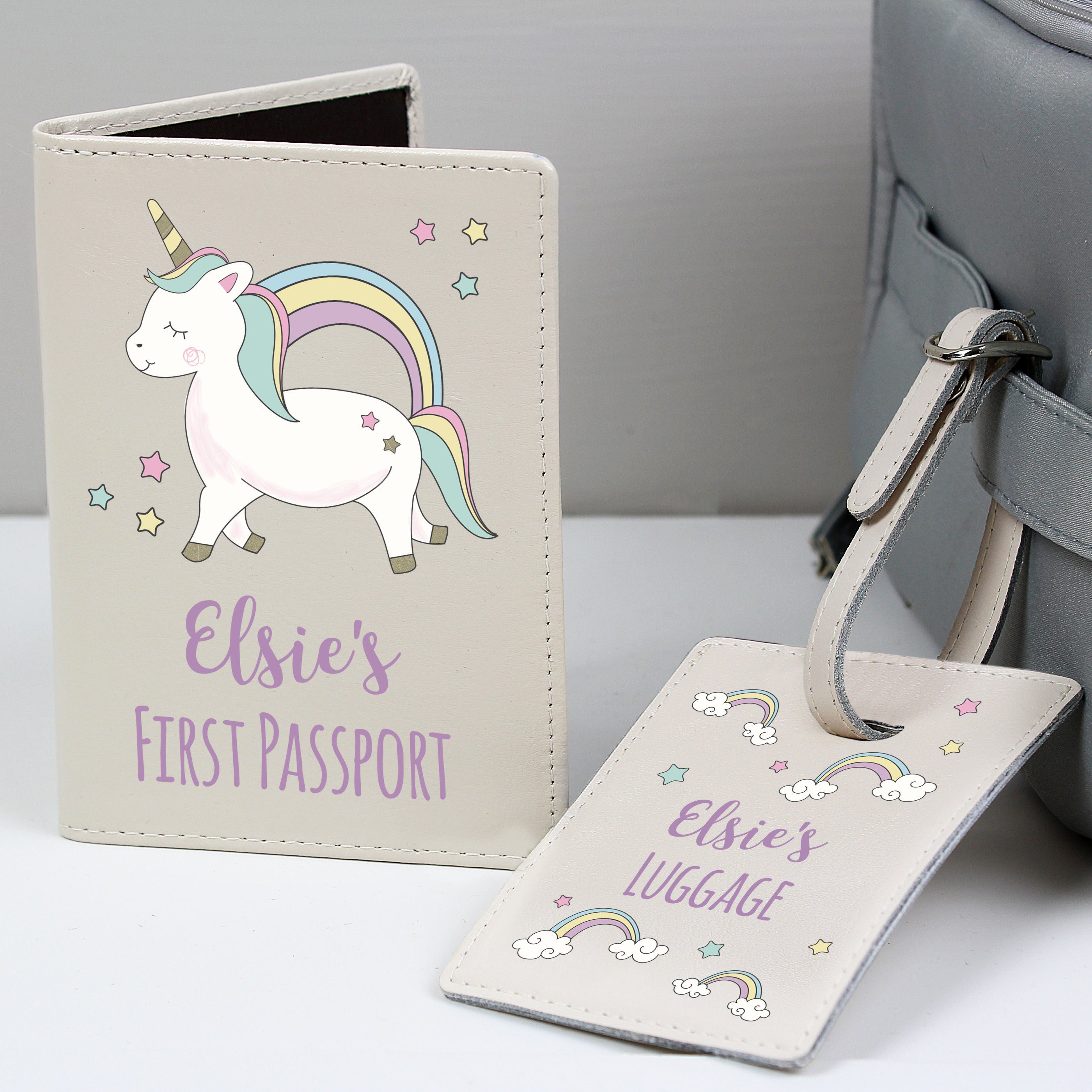 Personalised Baby Unicorn Cream Passport Holder & Luggage Tag Set from Heartfelt Gifts