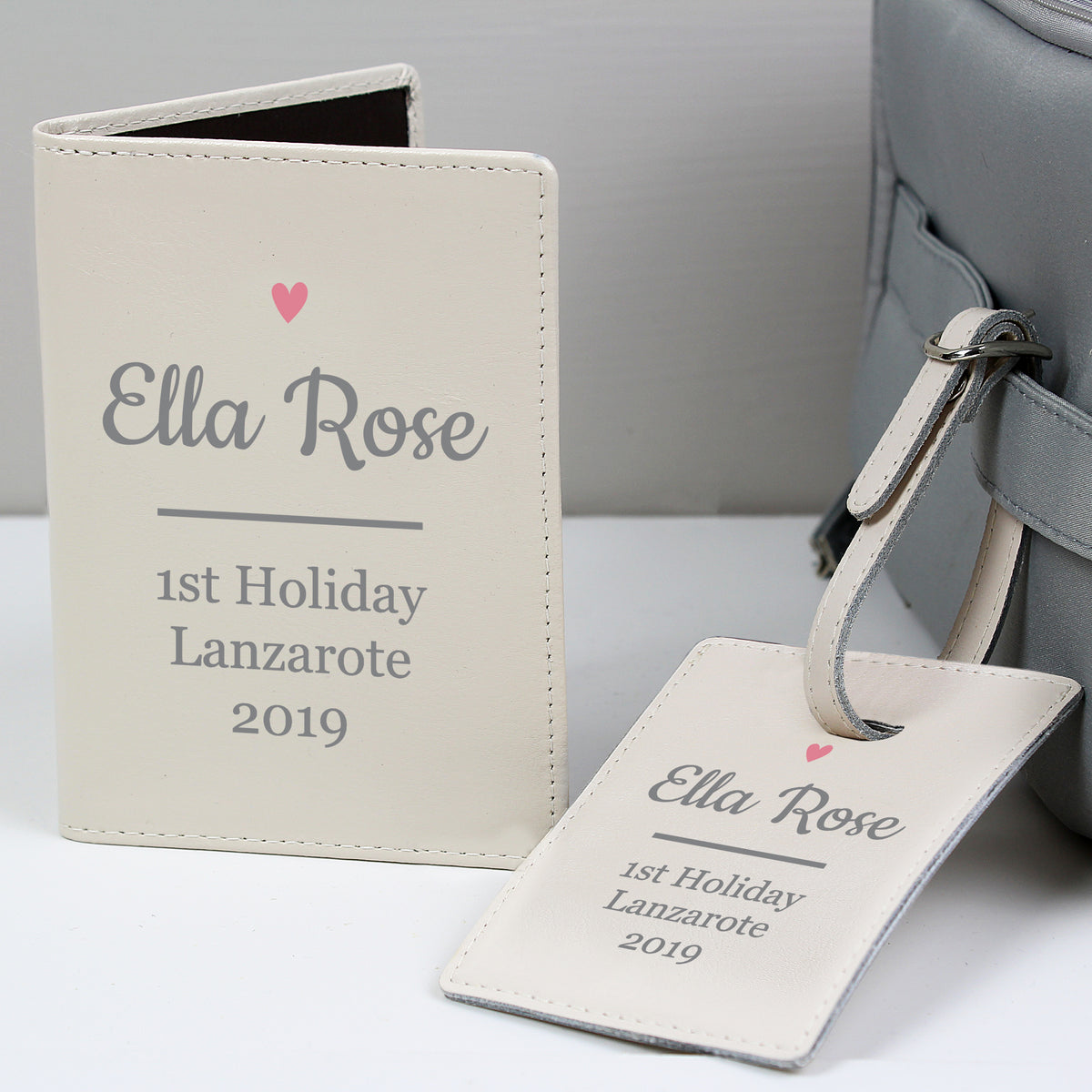 Personalised pink heart cream luggage tag with secure buckle