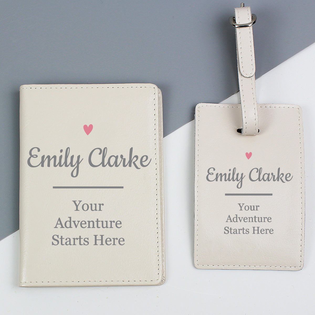 Matching pink heart travel set with custom text