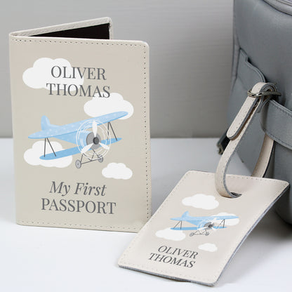 Blue plane passport holder and luggage tag personalised travel set