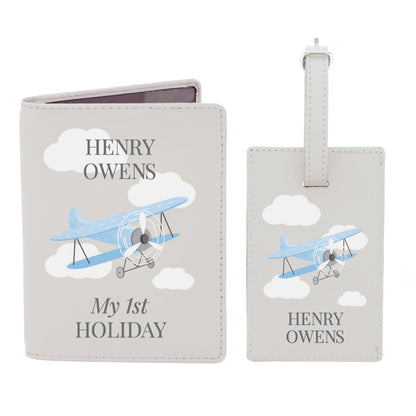 Personalised blue plane passport holder with custom travel details