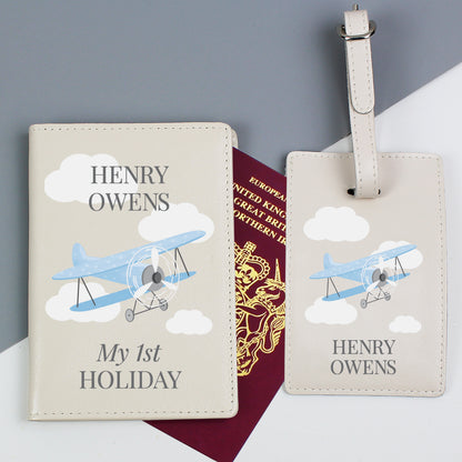 Personalised blue plane luggage tag with secure buckle fastening
