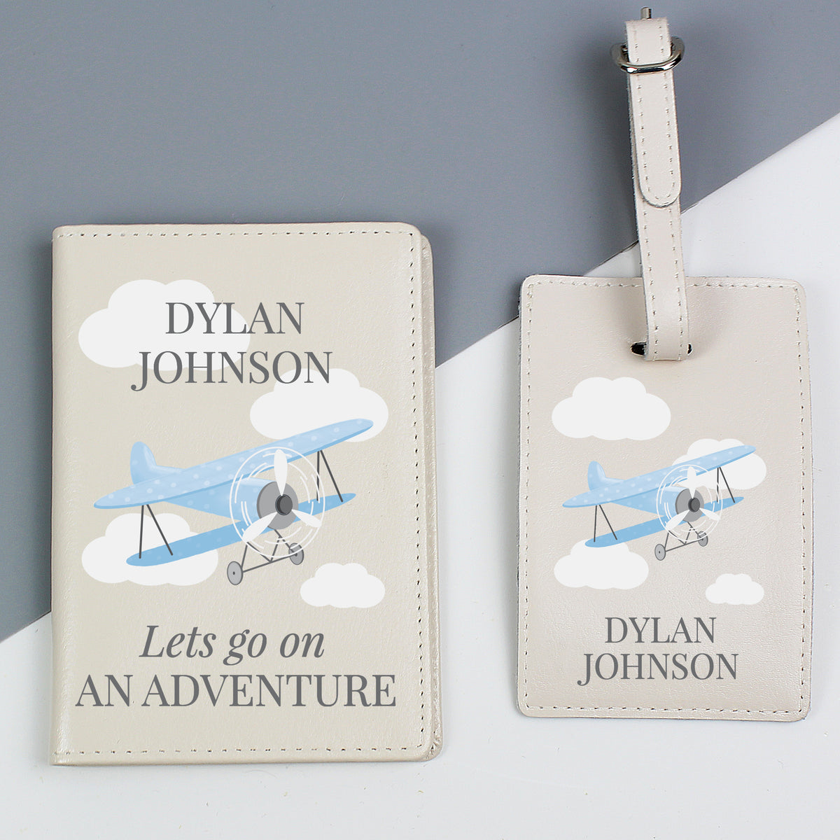 Cream leather blue plane travel set for a child