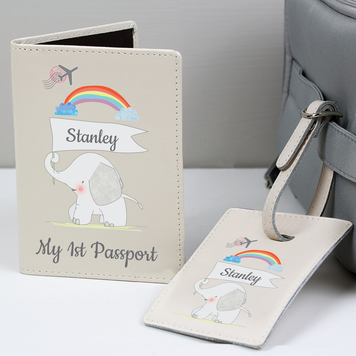 My First Hessian elephant passport holder and luggage tag set