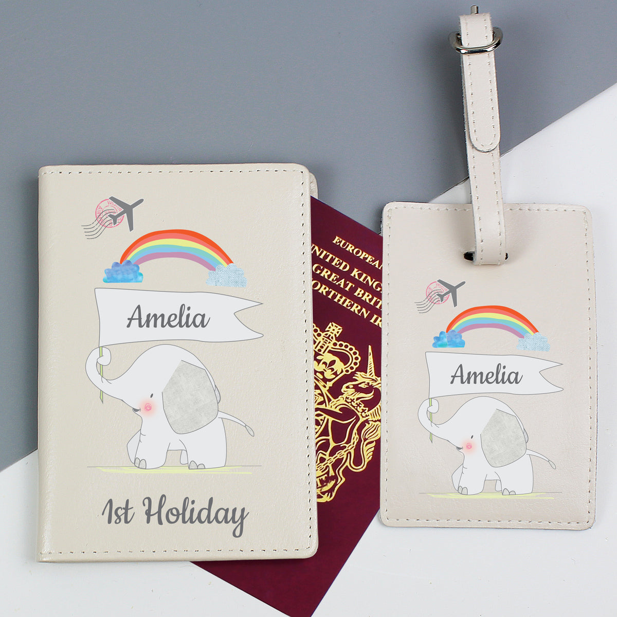 Personalised Hessian elephant luggage tag with secure buckle