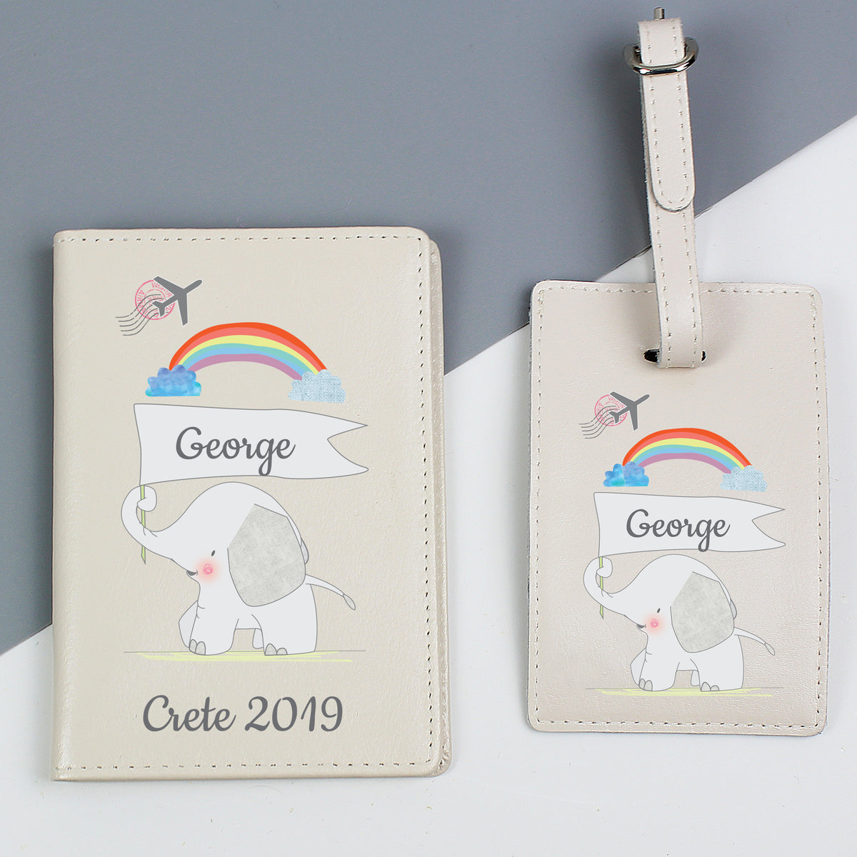 Cream leather first-travel set presented as a keepsake