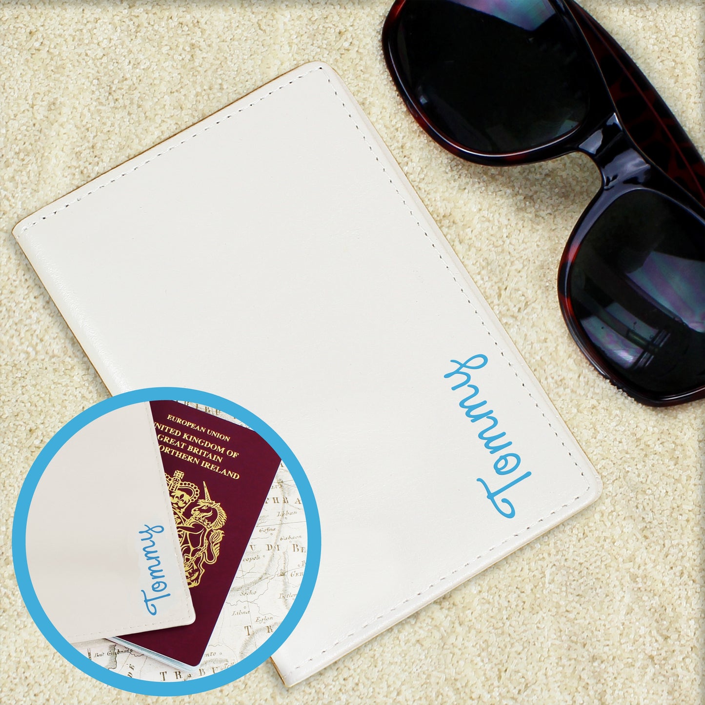 Personalised Blue Name Cream Passport Holder from Heartfelt Gifts