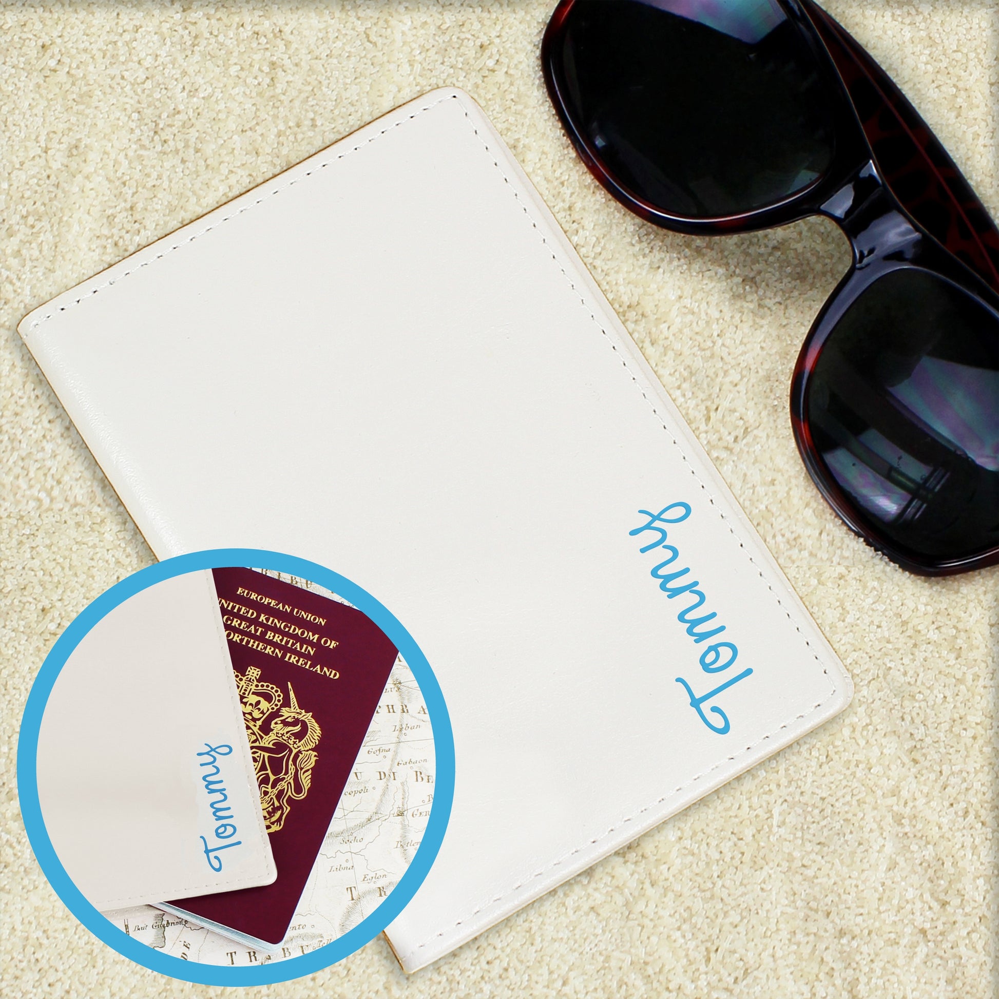 Personalised Blue Name Cream Passport Holder from Heartfelt Gifts