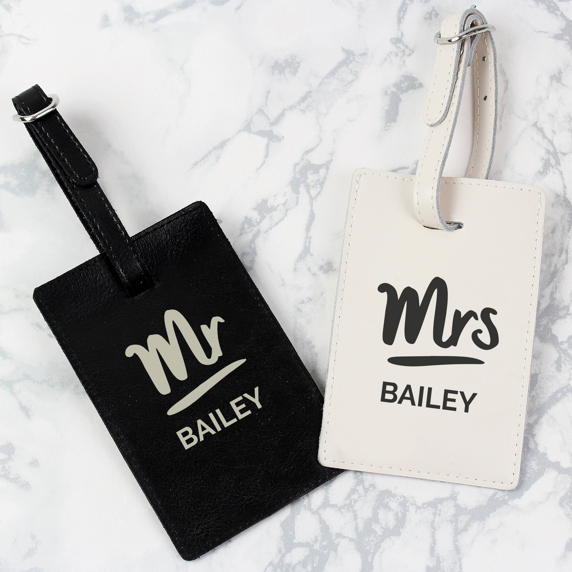 Personalised Mr & Mrs Black & Cream Luggage Tag Set from Heartfelt Gifts