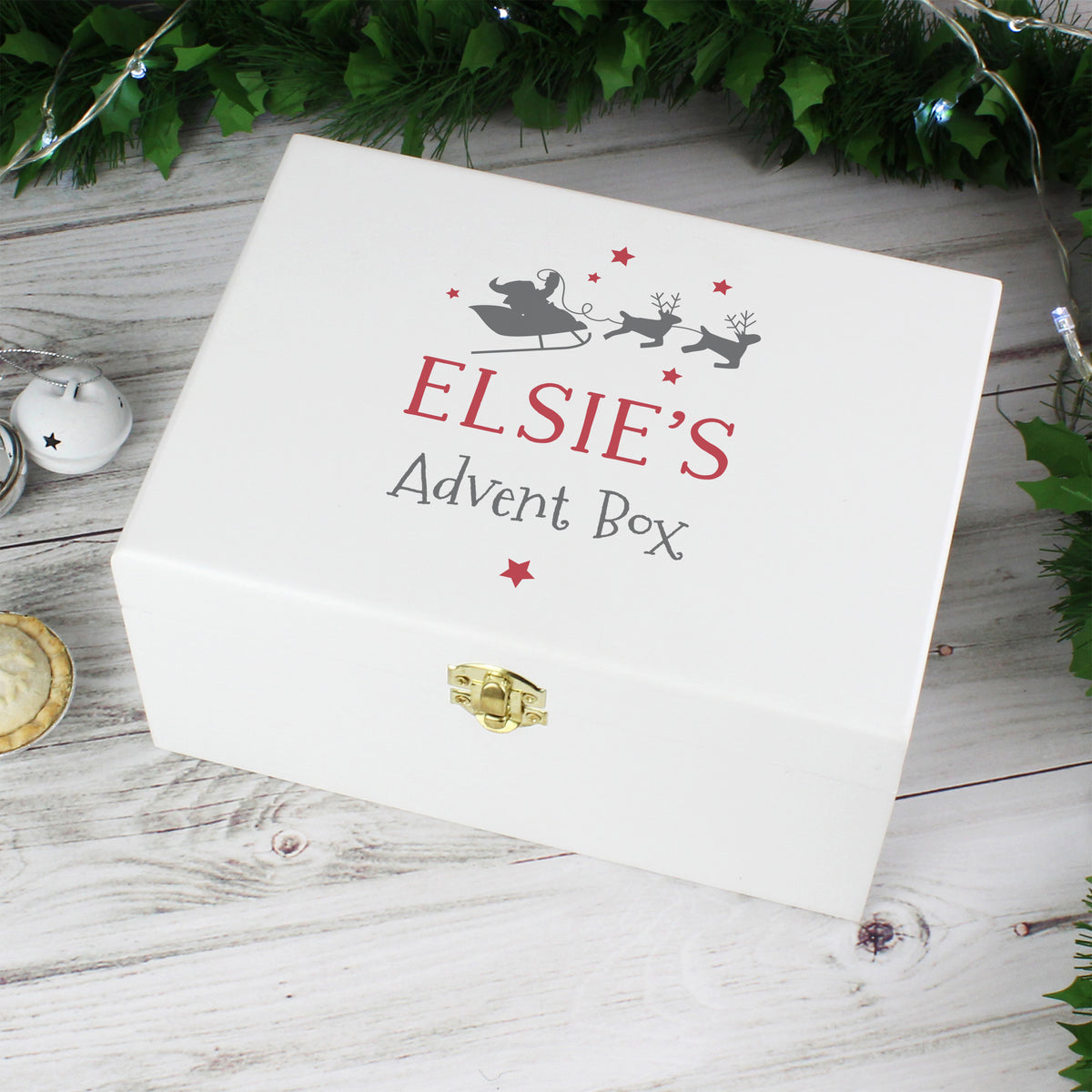 Personalised white wooden Christmas Eve box with metal clasp