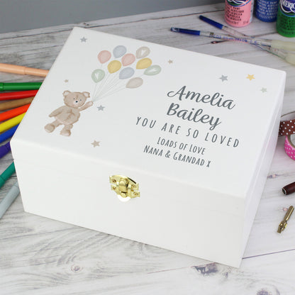 Personalised Teddy & Balloons White Wooden Keepsake Box from Heartfelt Gifts