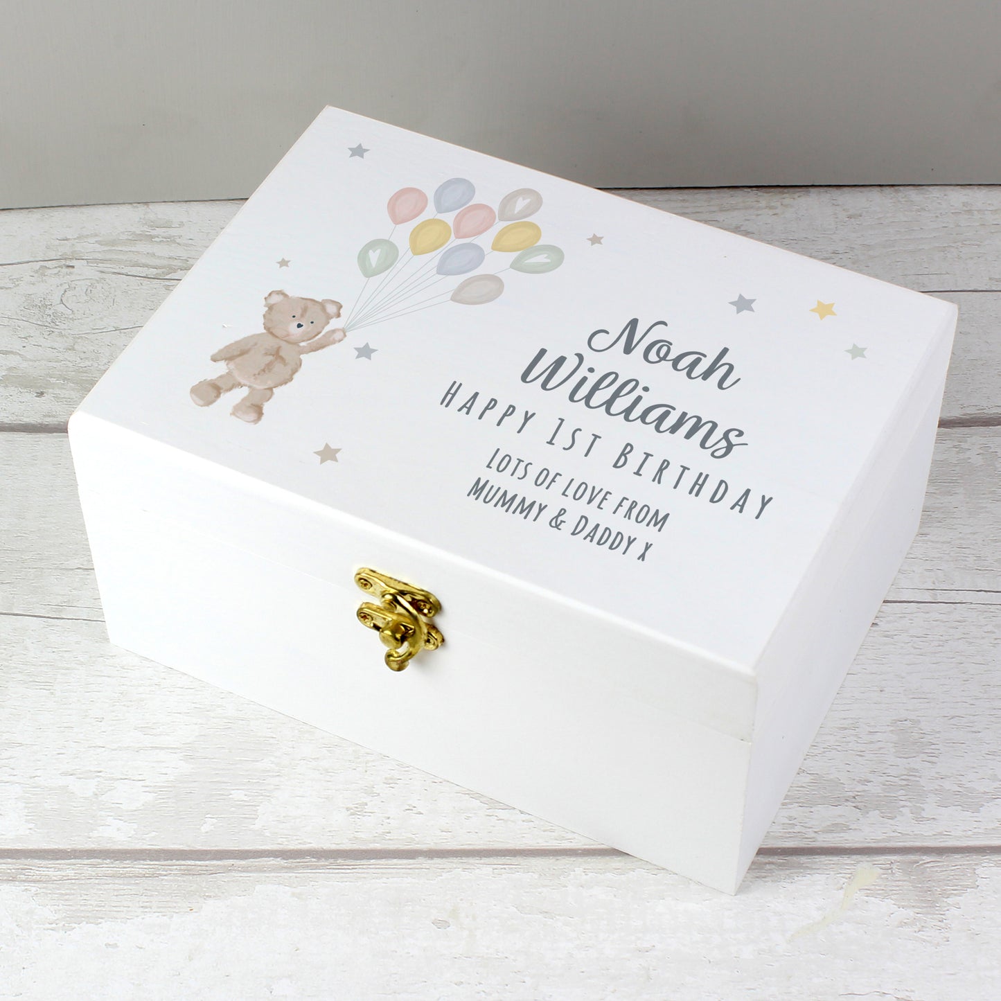 Personalised Teddy & Balloons White Wooden Keepsake Box - image 5