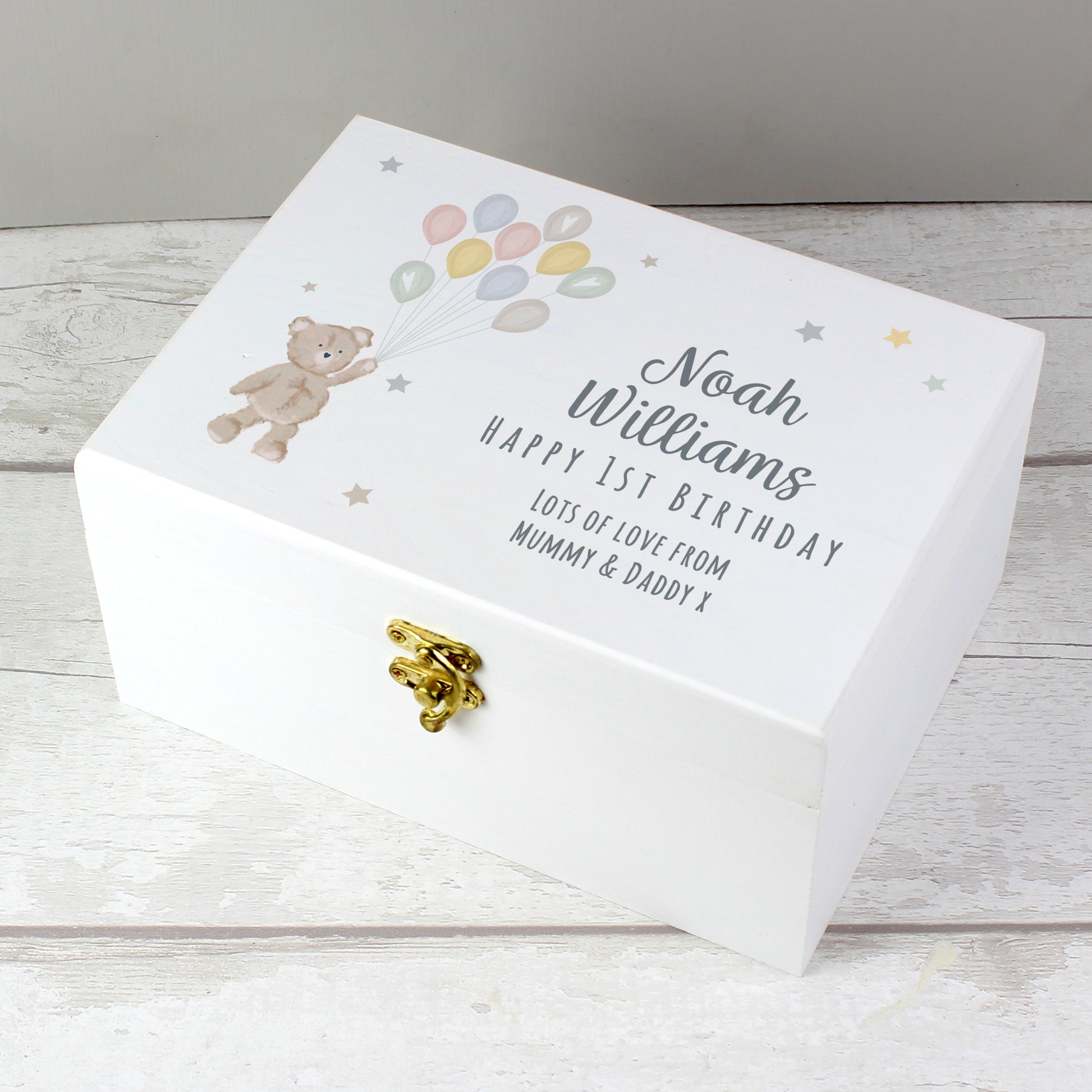 Personalised Teddy & Balloons White Wooden Keepsake Box - image 5