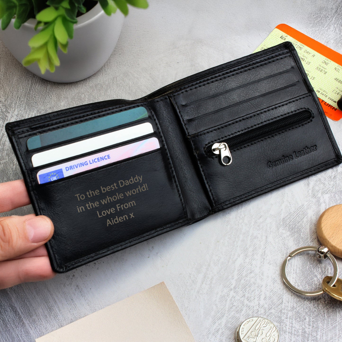 Personalised Free Text Black Leather Wallet from Heartfelt Gifts
