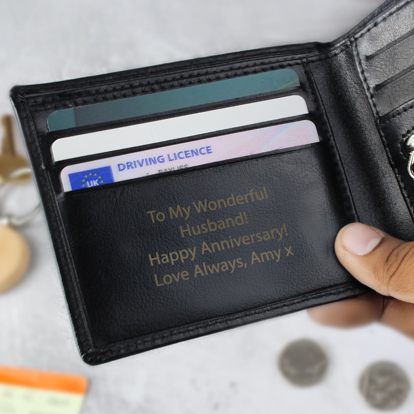 Personalised Free Text Black Leather Wallet - image 3