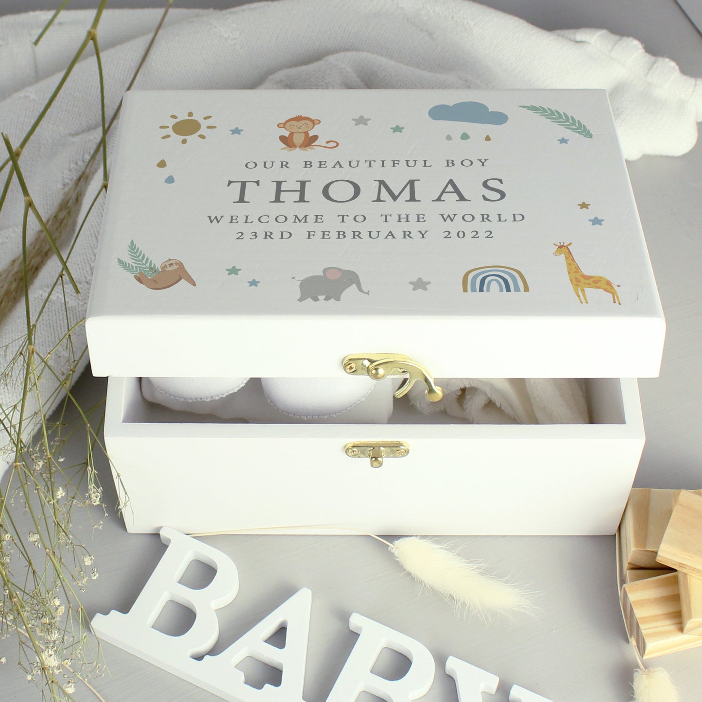 Personalised Safari Animals White Wooden Keepsake Box - image 2