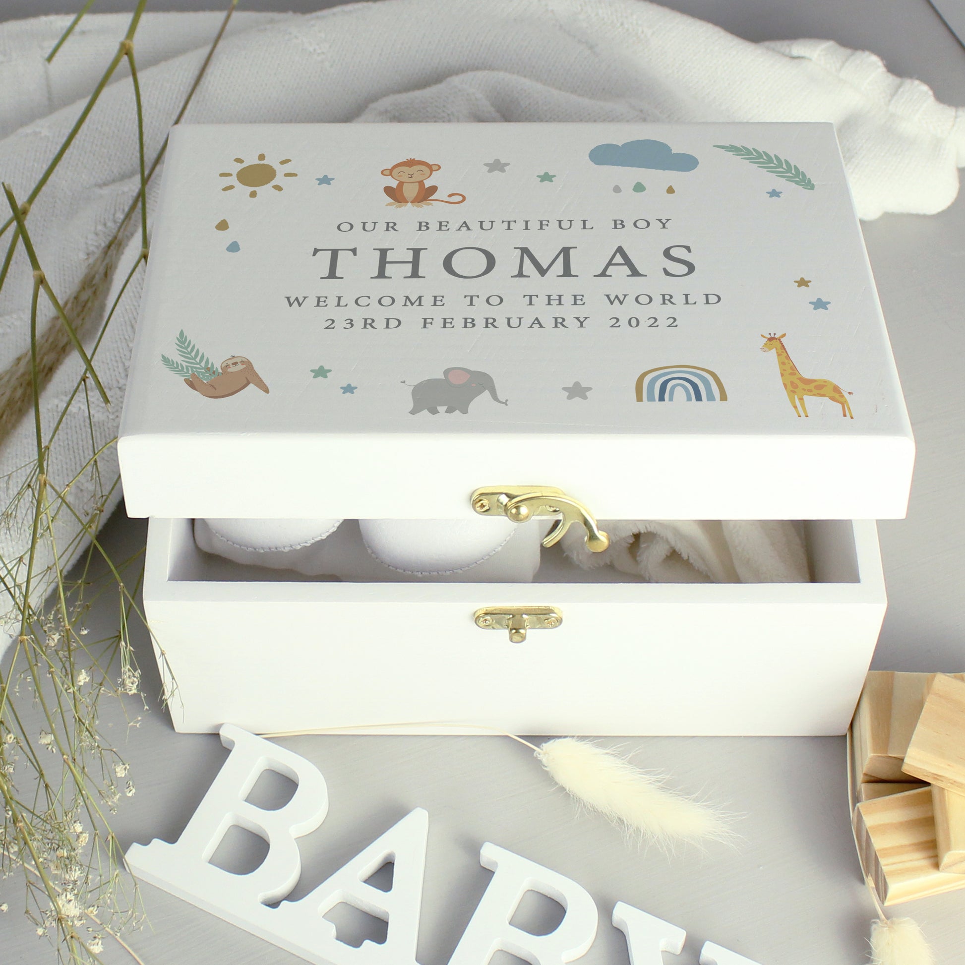 Personalised Safari Animals White Wooden Keepsake Box - image 2