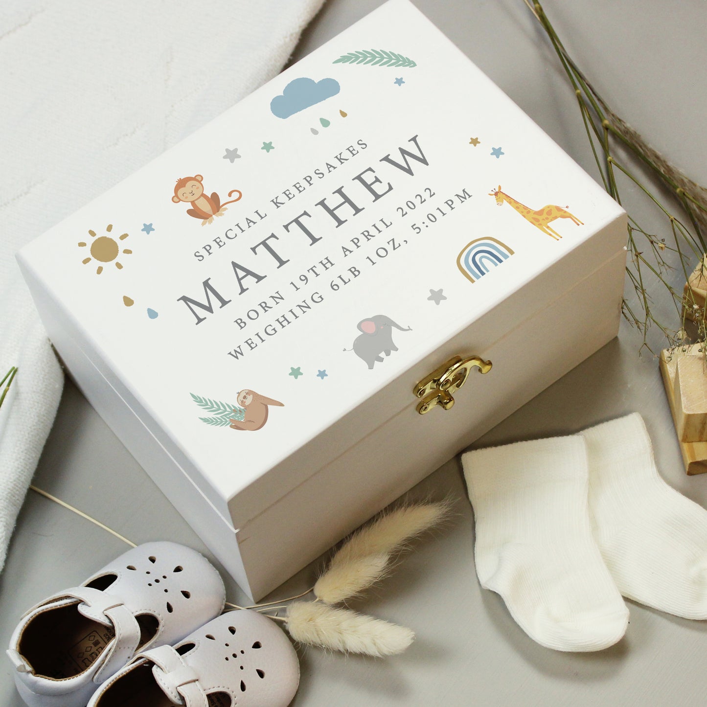 Personalised Safari Animals White Wooden Keepsake Box - image 3