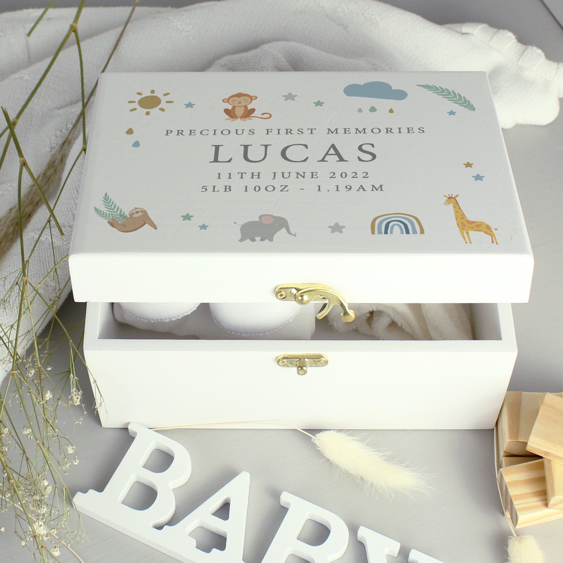 Personalised Safari Animals White Wooden Keepsake Box - image 4