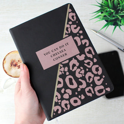 Personalised Leopard Print Black Hardback Notebook from Heartfelt Gifts