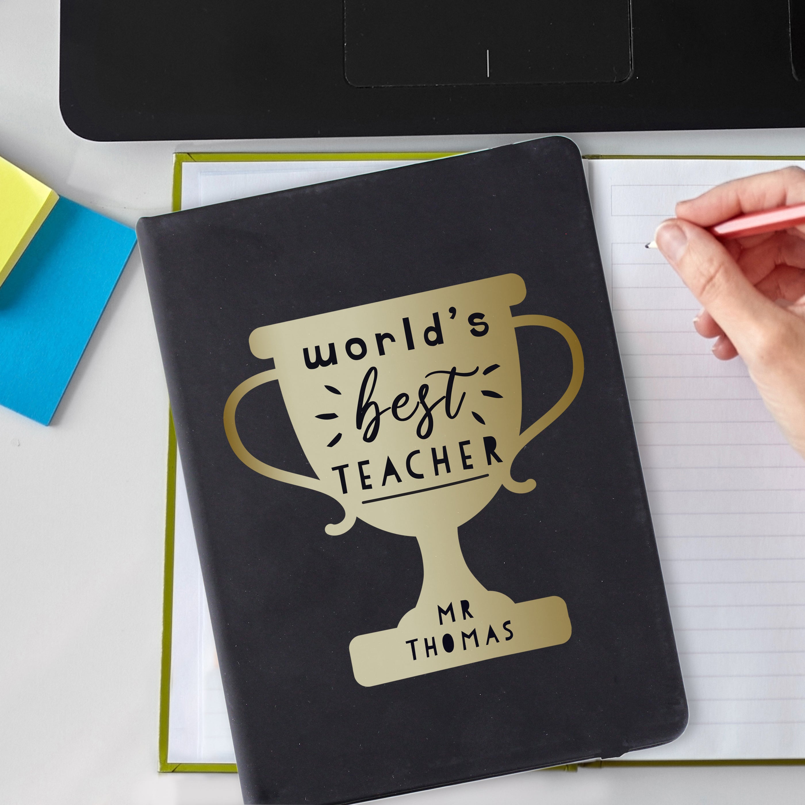 Personalised Worlds Best Teacher Trophy Black Hardback Notebook from Heartfelt Gifts