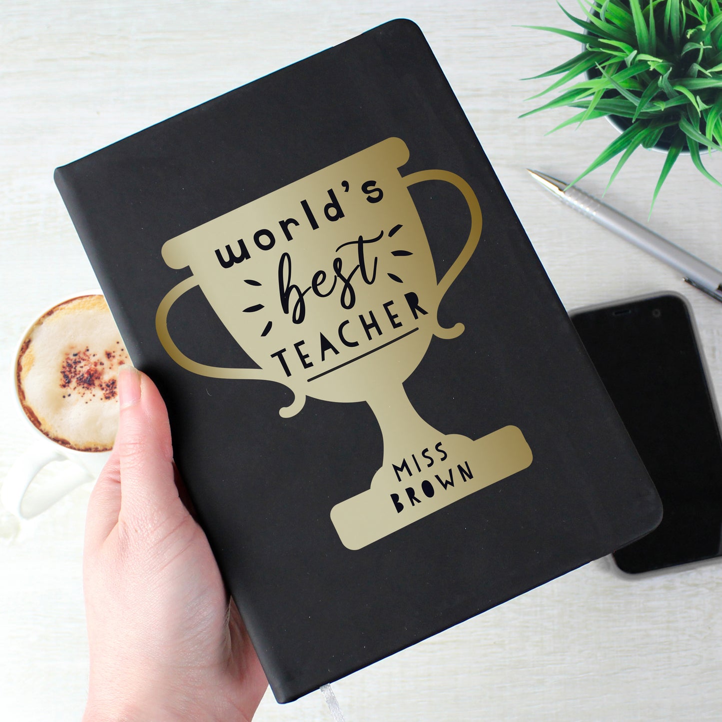Personalised Worlds Best Teacher Trophy Black Hardback Notebook - image 2