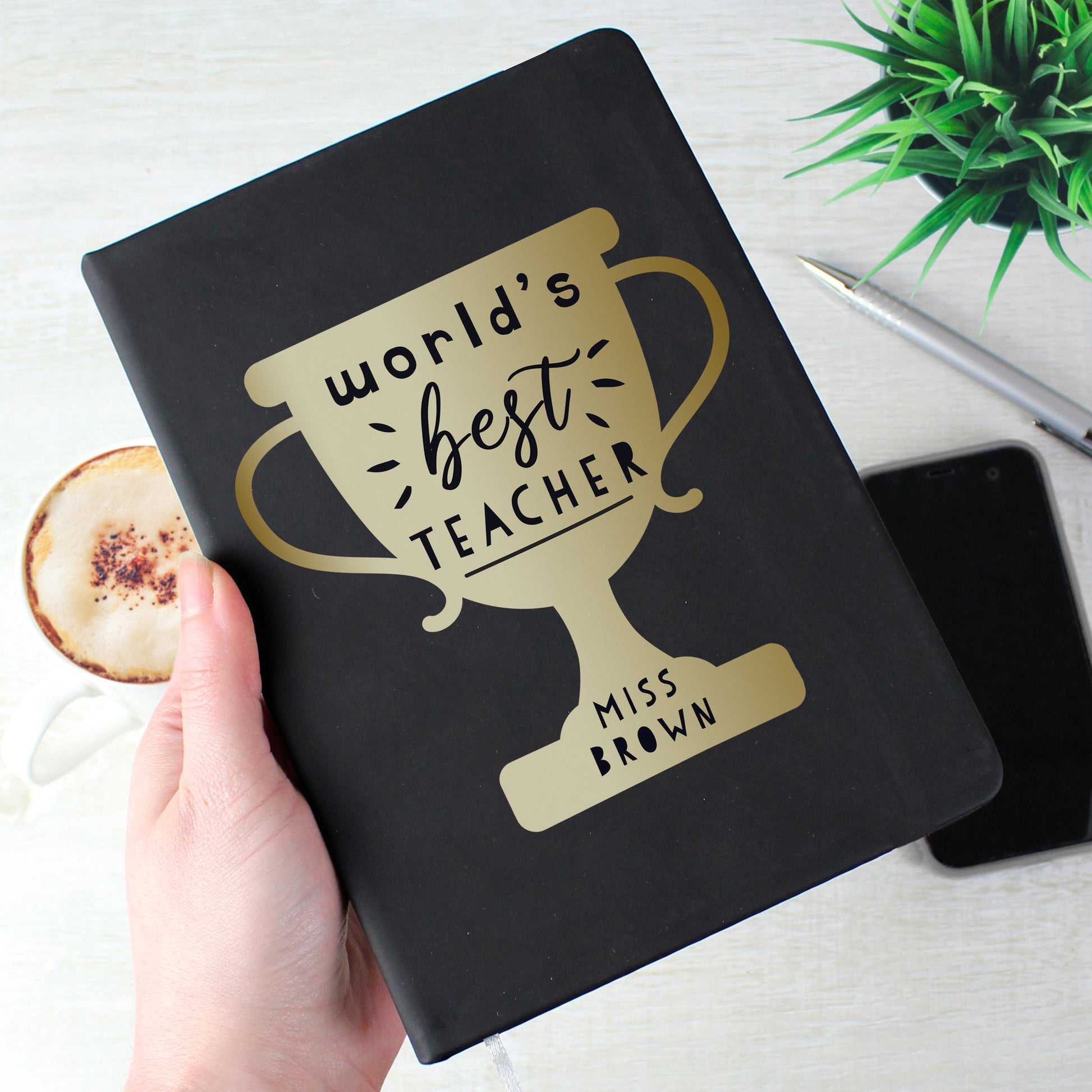 Personalised Worlds Best Teacher Trophy Black Hardback Notebook - image 2