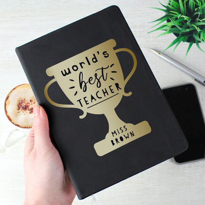 Personalised Worlds Best Teacher Trophy Black Hardback Notebook - image 2