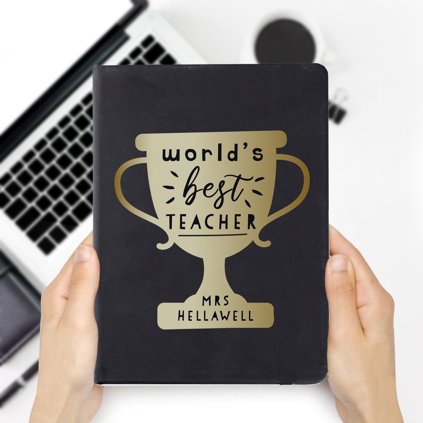Personalised Worlds Best Teacher Trophy Black Hardback Notebook - image 3