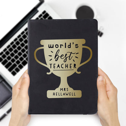 Personalised Worlds Best Teacher Trophy Black Hardback Notebook - image 3