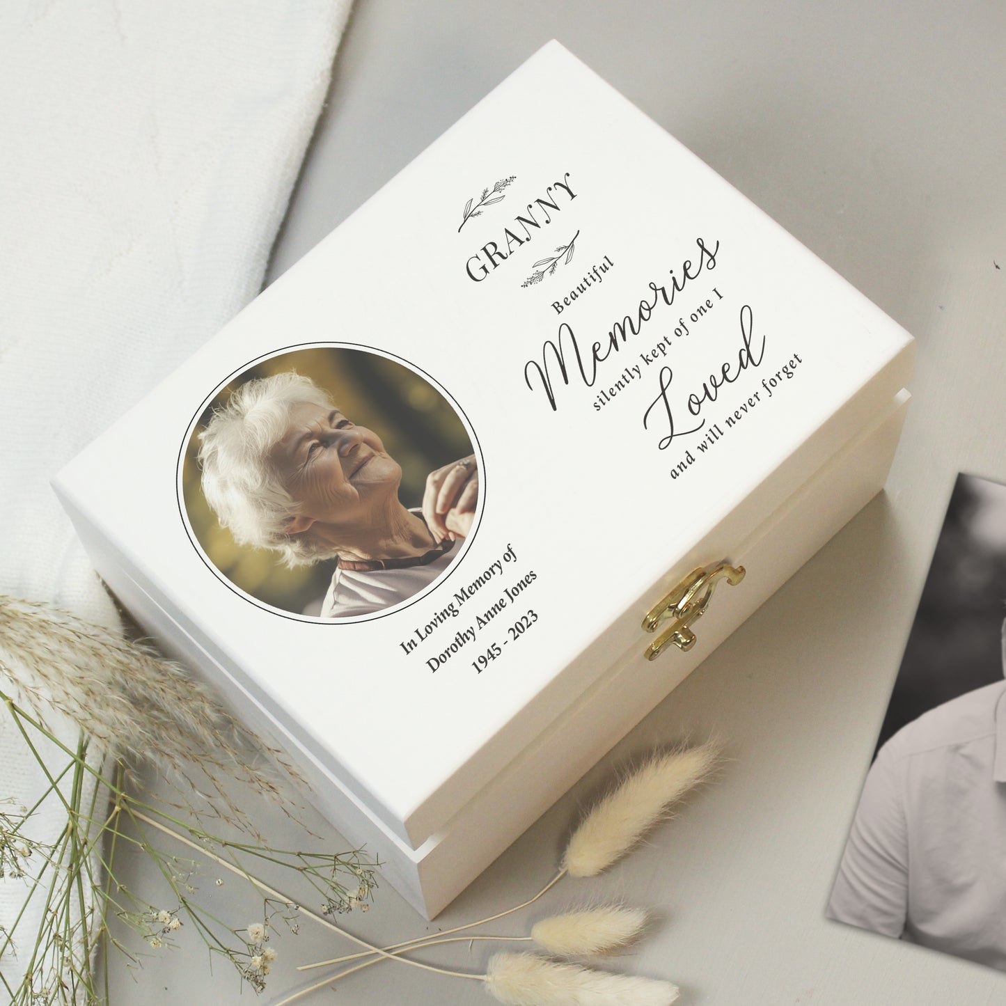Personalised Memorial Photo Upload White Wooden Box from Heartfelt Gifts